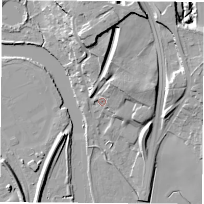 Shaded relief map of the ground around WF119HJ, computed from Environment Agency LiDAR. The ground here sits at about 14 m above sea level and falls 23 m across the surrounding 800 m. Surface water reaching this point runs off ground lying to the north-east, 9.0 m higher.
