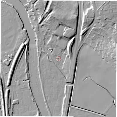 Shaded relief map of the ground around WF119HP, computed from Environment Agency LiDAR. The ground here sits at about 10 m above sea level and falls 20 m across the surrounding 800 m. Surface water reaching this point runs off ground lying to the south-west, 2.4 m higher.