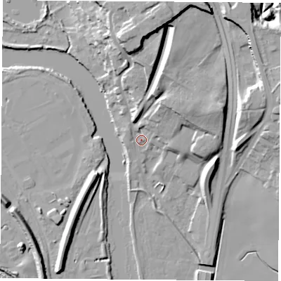 Shaded relief map of the ground around WF119HQ, computed from Environment Agency LiDAR. The ground here sits at about 12 m above sea level and falls 23 m across the surrounding 800 m. Surface water reaching this point runs off ground lying to the north, 18.2 m higher.
