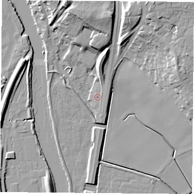 Shaded relief map of the ground around WF119HS, computed from Environment Agency LiDAR. The ground here sits at about 11 m above sea level and falls 20 m across the surrounding 800 m. Surface water reaching this point runs off ground lying to the north, 15.0 m higher.