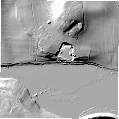 Shaded relief map of the ground around WF119JH, computed from Environment Agency LiDAR. The ground here sits at about 16 m above sea level and falls 34 m across the surrounding 800 m. Surface water reaching this point runs off ground lying to the north-west, 10.4 m higher.