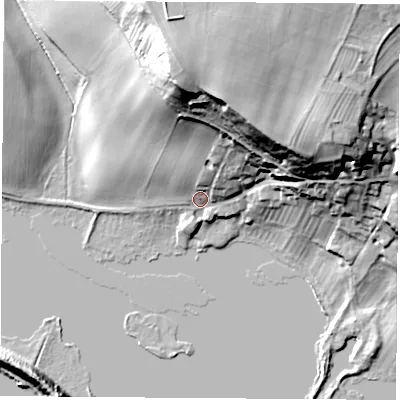 Shaded relief map of the ground around WF119JL, computed from Environment Agency LiDAR. The ground here sits at about 13 m above sea level and falls 36 m across the surrounding 800 m. Surface water reaching this point runs off ground lying to the north-north-east, 30.0 m higher.