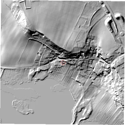 Shaded relief map of the ground around WF119JQ, computed from Environment Agency LiDAR. The ground here sits at about 19 m above sea level and falls 39 m across the surrounding 800 m. Surface water reaching this point runs off ground lying to the north-north-east, 20.5 m higher.