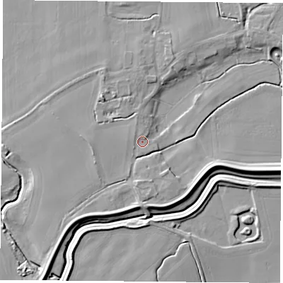 Shaded relief map of the ground around WF119LN, computed from Environment Agency LiDAR. The ground here sits at about 8 m above sea level and falls 8 m across the surrounding 800 m. Surface water reaching this point runs off ground lying to the north-west, 1.7 m higher.