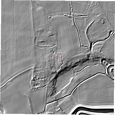 Shaded relief map of the ground around WF119LP, computed from Environment Agency LiDAR. The ground here sits at about 9 m above sea level and falls 7 m across the surrounding 800 m. Surface water reaching this point runs off ground lying to the south-east, 0.9 m higher.