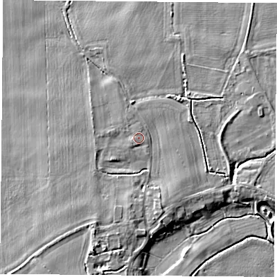 Shaded relief map of the ground around WF119LR, computed from Environment Agency LiDAR. The ground here sits at about 9 m above sea level and falls 7 m across the surrounding 800 m. The ground contributing surface water to this point lies to the west-south-west.