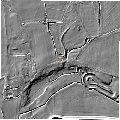 Shaded relief map of the ground around WF119LS, computed from Environment Agency LiDAR. The ground here sits at about 8 m above sea level and falls 7 m across the surrounding 800 m. Surface water reaching this point runs off ground lying to the west-south-west, 1.2 m higher.