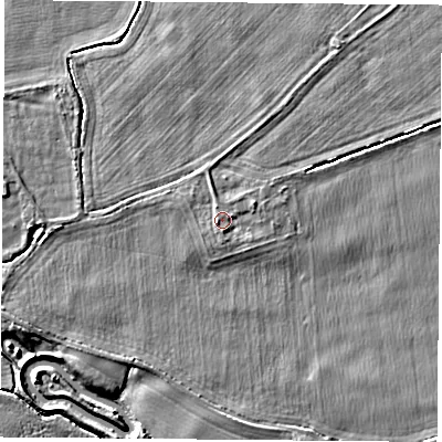 Shaded relief map of the ground around WF119LU, computed from Environment Agency LiDAR. The ground here sits at about 8 m above sea level and falls 5 m across the surrounding 800 m. Surface water reaching this point runs off ground lying to the west-south-west, 1.2 m higher.
