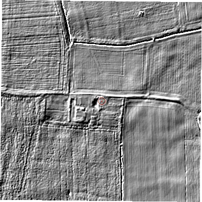 Shaded relief map of the ground around WF119LW, computed from Environment Agency LiDAR. The ground here sits at about 9 m above sea level and falls 3 m across the surrounding 800 m. Surface water reaching this point runs off ground lying to the north, 1.0 m higher.