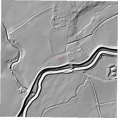 Shaded relief map of the ground around WF119LX, computed from Environment Agency LiDAR. The ground here sits at about 8 m above sea level and falls 9 m across the surrounding 800 m. Surface water reaching this point runs off ground lying to the south-west, 2.3 m higher.