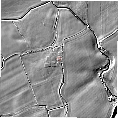 Shaded relief map of the ground around WF119LY, computed from Environment Agency LiDAR. The ground here sits at about 9 m above sea level and falls 6 m across the surrounding 800 m. Surface water reaching this point runs off ground lying to the south-west, 0.8 m higher.
