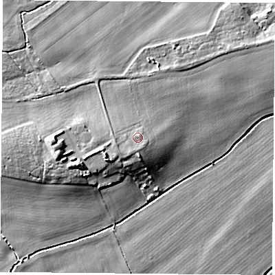 Shaded relief map of the ground around WF119LZ, computed from Environment Agency LiDAR. The ground here sits at about 12 m above sea level and falls 15 m across the surrounding 800 m. Surface water reaching this point runs off ground lying to the south-west, 2.4 m higher.