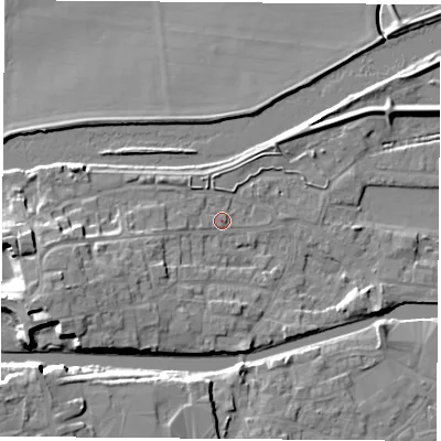 Shaded relief map of the ground around WF119NL, computed from Environment Agency LiDAR. The ground here sits at about 10 m above sea level and falls 12 m across the surrounding 800 m. Surface water reaching this point runs off ground lying to the west, 6.0 m higher.