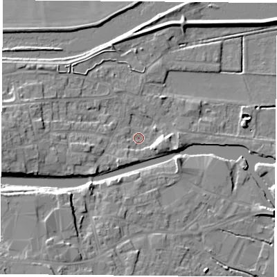 Shaded relief map of the ground around WF119PB, computed from Environment Agency LiDAR. The ground here sits at about 9 m above sea level and falls 10 m across the surrounding 800 m. Surface water reaching this point runs off ground lying to the east, 3.7 m higher.