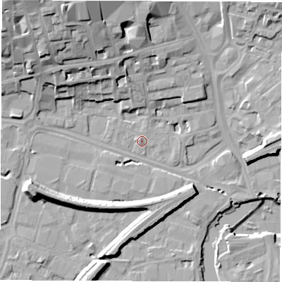 Shaded relief map of the ground around WF11AJ, computed from Environment Agency LiDAR. The ground here sits at about 25 m above sea level and falls 27 m across the surrounding 800 m. Surface water reaching this point runs off ground lying to the north-north-west, 10.4 m higher.