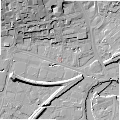 Shaded relief map of the ground around WF11AL, computed from Environment Agency LiDAR. The ground here sits at about 25 m above sea level and falls 26 m across the surrounding 800 m. Surface water reaching this point runs off ground lying to the north-west, 19.9 m higher.