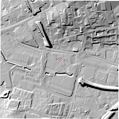 Shaded relief map of the ground around WF11DZ, computed from Environment Agency LiDAR. The ground here sits at about 26 m above sea level and falls 24 m across the surrounding 800 m. Surface water reaching this point runs off ground lying to the west-south-west, 3.7 m higher.