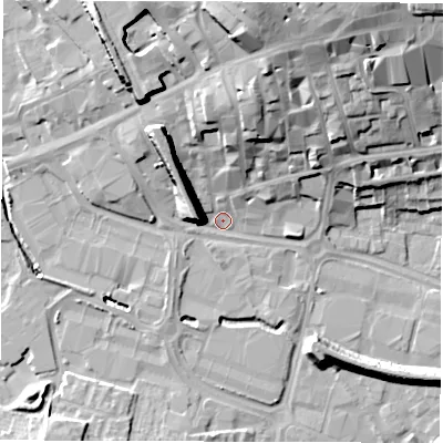 Shaded relief map of the ground around WF11EA, computed from Environment Agency LiDAR. The ground here sits at about 27 m above sea level and falls 27 m across the surrounding 800 m. Surface water reaching this point runs off ground lying to the north-north-east, 17.1 m higher.