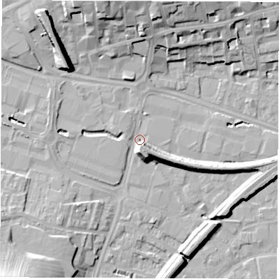 Shaded relief map of the ground around WF11HP, computed from Environment Agency LiDAR. The ground here sits at about 25 m above sea level and falls 21 m across the surrounding 800 m. Surface water reaching this point runs off ground lying to the north-north-west, 17.5 m higher.