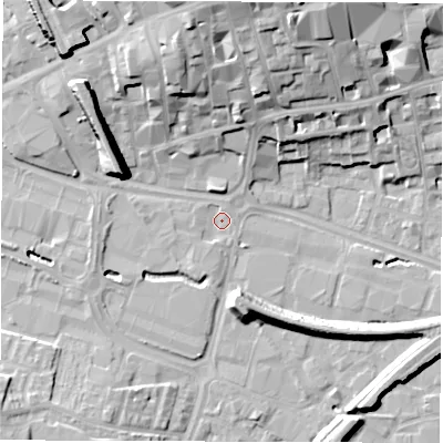 Shaded relief map of the ground around WF11HR, computed from Environment Agency LiDAR. The ground here sits at about 26 m above sea level and falls 24 m across the surrounding 800 m. Surface water reaching this point runs off ground lying to the north, 20.9 m higher.