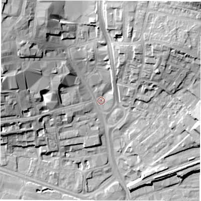 Shaded relief map of the ground around WF11JG, computed from Environment Agency LiDAR. The ground here sits at about 28 m above sea level and falls 27 m across the surrounding 800 m. Surface water reaching this point runs off ground lying to the north-west, 20.5 m higher.
