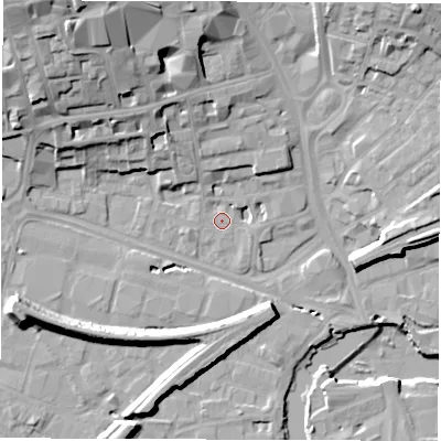 Shaded relief map of the ground around WF11NP, computed from Environment Agency LiDAR. The ground here sits at about 25 m above sea level and falls 28 m across the surrounding 800 m. Surface water reaching this point runs off ground lying to the north-north-west, 9.9 m higher.