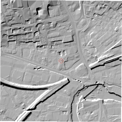 Shaded relief map of the ground around WF11NR, computed from Environment Agency LiDAR. The ground here sits at about 25 m above sea level and falls 26 m across the surrounding 800 m. Surface water reaching this point runs off ground lying to the north-east, 1.0 m higher.