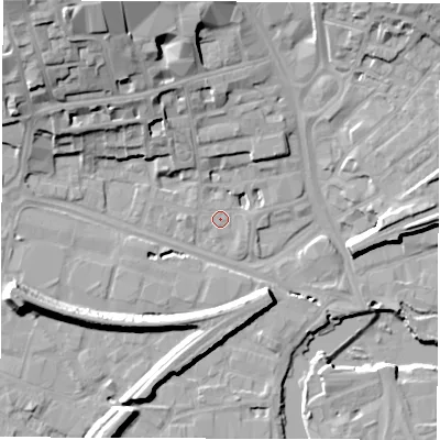 Shaded relief map of the ground around WF11NU, computed from Environment Agency LiDAR. The ground here sits at about 25 m above sea level and falls 27 m across the surrounding 800 m. Surface water reaching this point runs off ground lying to the north-north-west, 9.9 m higher.