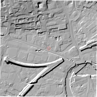 Shaded relief map of the ground around WF11RE, computed from Environment Agency LiDAR. The ground here sits at about 24 m above sea level and falls 24 m across the surrounding 800 m. Surface water reaching this point runs off ground lying to the north-west, 20.5 m higher.