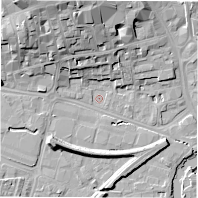 Shaded relief map of the ground around WF11RF, computed from Environment Agency LiDAR. The ground here sits at about 25 m above sea level and falls 29 m across the surrounding 800 m. Surface water reaching this point runs off ground lying to the north-north-west, 10.3 m higher.