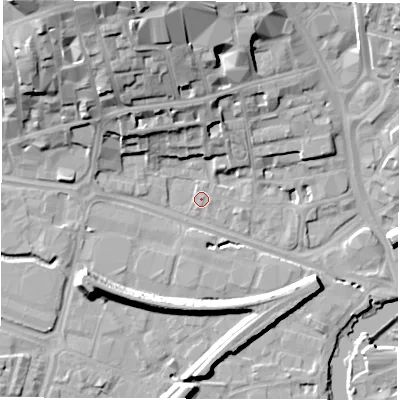 Shaded relief map of the ground around WF11RH, computed from Environment Agency LiDAR. The ground here sits at about 25 m above sea level and falls 29 m across the surrounding 800 m. Surface water reaching this point runs off ground lying to the north, 0.8 m higher.