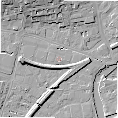 Shaded relief map of the ground around WF11RN, computed from Environment Agency LiDAR. The ground here sits at about 25 m above sea level and falls 21 m across the surrounding 800 m. Surface water reaching this point runs off ground lying to the west, 10.3 m higher.