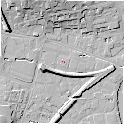Shaded relief map of the ground around WF11RS, computed from Environment Agency LiDAR. The ground here sits at about 25 m above sea level and falls 20 m across the surrounding 800 m. The ground contributing surface water to this point lies to the east-south-east.