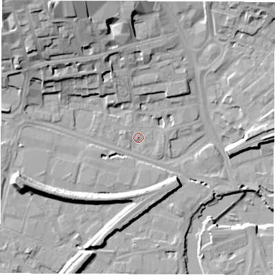 Shaded relief map of the ground around WF11RX, computed from Environment Agency LiDAR. The ground here sits at about 25 m above sea level and falls 26 m across the surrounding 800 m. Surface water reaching this point runs off ground lying to the north-west, 11.6 m higher.