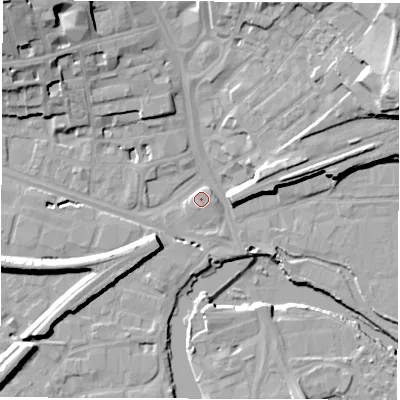 Shaded relief map of the ground around WF11TY, computed from Environment Agency LiDAR. The ground here sits at about 25 m above sea level and falls 23 m across the surrounding 800 m. Surface water reaching this point runs off ground lying to the north-north-west, 1.6 m higher.