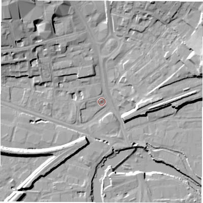Shaded relief map of the ground around WF11UF, computed from Environment Agency LiDAR. The ground here sits at about 24 m above sea level and falls 25 m across the surrounding 800 m. Surface water reaching this point runs off ground lying to the north-west, 20.2 m higher.