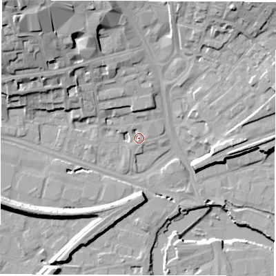 Shaded relief map of the ground around WF11UW, computed from Environment Agency LiDAR. The ground here sits at about 24 m above sea level and falls 28 m across the surrounding 800 m. Surface water reaching this point runs off ground lying to the north-east, 2.2 m higher.