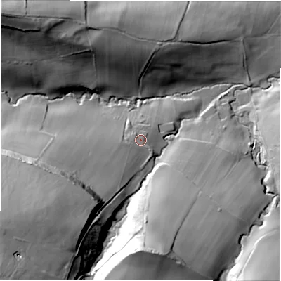 Shaded relief map of the ground around WF120PE, computed from Environment Agency LiDAR. The ground here sits at about 73 m above sea level and falls 56 m across the surrounding 800 m. Surface water reaching this point runs off ground lying to the south-west, 37.1 m higher.