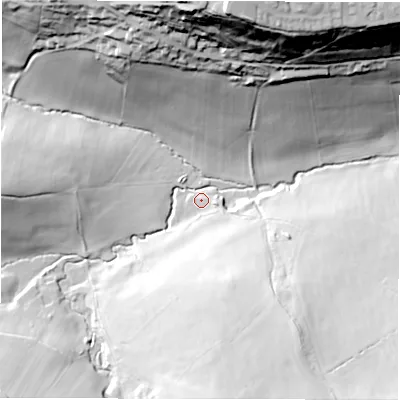Shaded relief map of the ground around WF120QE, computed from Environment Agency LiDAR. The ground here sits at about 57 m above sea level and falls 74 m across the surrounding 800 m. Surface water reaching this point runs off ground lying to the south, 40.5 m higher.