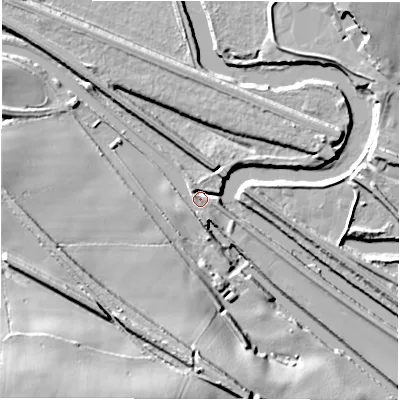 Shaded relief map of the ground around WF120QN, computed from Environment Agency LiDAR. The ground here sits at about 33 m above sea level and falls 45 m across the surrounding 800 m. Surface water reaching this point runs off ground lying to the north-west, 1.4 m higher.