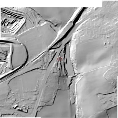 Shaded relief map of the ground around WF127JL, computed from Environment Agency LiDAR. The ground here sits at about 109 m above sea level and falls 54 m across the surrounding 800 m. Surface water reaching this point runs off ground lying to the west-north-west, 16.3 m higher.