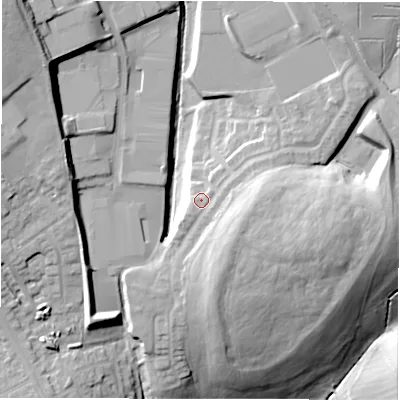 Shaded relief map of the ground around WF127PZ, computed from Environment Agency LiDAR. The ground here sits at about 104 m above sea level and falls 37 m across the surrounding 800 m. Surface water reaching this point runs off ground lying to the east-south-east, 6.7 m higher.