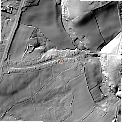 Shaded relief map of the ground around WF127QU, computed from Environment Agency LiDAR. The ground here sits at about 90 m above sea level and falls 44 m across the surrounding 800 m. Surface water reaching this point runs off ground lying to the west, 17.4 m higher.