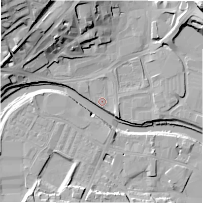 Shaded relief map of the ground around WF128AB, computed from Environment Agency LiDAR. The ground here sits at about 37 m above sea level and falls 36 m across the surrounding 800 m. Surface water reaching this point runs off ground lying to the west-north-west, 0.7 m higher.
