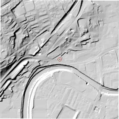Shaded relief map of the ground around WF128AE, computed from Environment Agency LiDAR. The ground here sits at about 39 m above sea level and falls 56 m across the surrounding 800 m. Surface water reaching this point runs off ground lying to the north, 9.9 m higher.