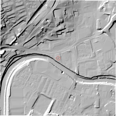 Shaded relief map of the ground around WF128AR, computed from Environment Agency LiDAR. The ground here sits at about 38 m above sea level and falls 40 m across the surrounding 800 m. Surface water reaching this point runs off ground lying to the north-north-west, 17.5 m higher.