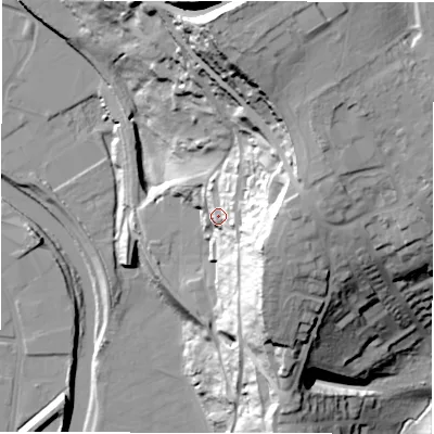Shaded relief map of the ground around WF128BU, computed from Environment Agency LiDAR. The ground here sits at about 58 m above sea level and falls 73 m across the surrounding 800 m. Surface water reaching this point runs off ground lying to the east, 42.7 m higher.