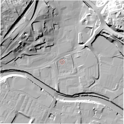 Shaded relief map of the ground around WF128DD, computed from Environment Agency LiDAR. The ground here sits at about 37 m above sea level and falls 43 m across the surrounding 800 m. Surface water reaching this point runs off ground lying to the south-south-west, 2.2 m higher.