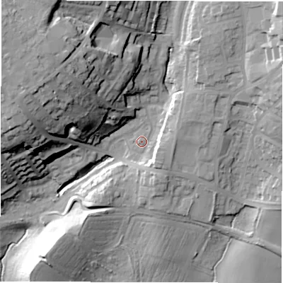 Shaded relief map of the ground around WF128DF, computed from Environment Agency LiDAR. The ground here sits at about 64 m above sea level and falls 49 m across the surrounding 800 m. Surface water reaching this point runs off ground lying to the north-west, 32.3 m higher.