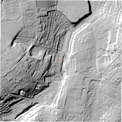 Shaded relief map of the ground around WF128DN, computed from Environment Agency LiDAR. The ground here sits at about 69 m above sea level and falls 46 m across the surrounding 800 m. Surface water reaching this point runs off ground lying to the north-north-west, 32.6 m higher.